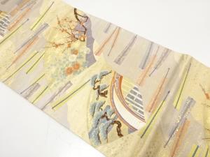 扇に橋・梅・菊模様織り出し　袋帯